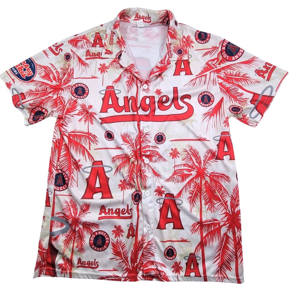 Los Angeles Angels Baseball Hawaiian Aloha Shirt Mens Red Palm Tree Polyester XL